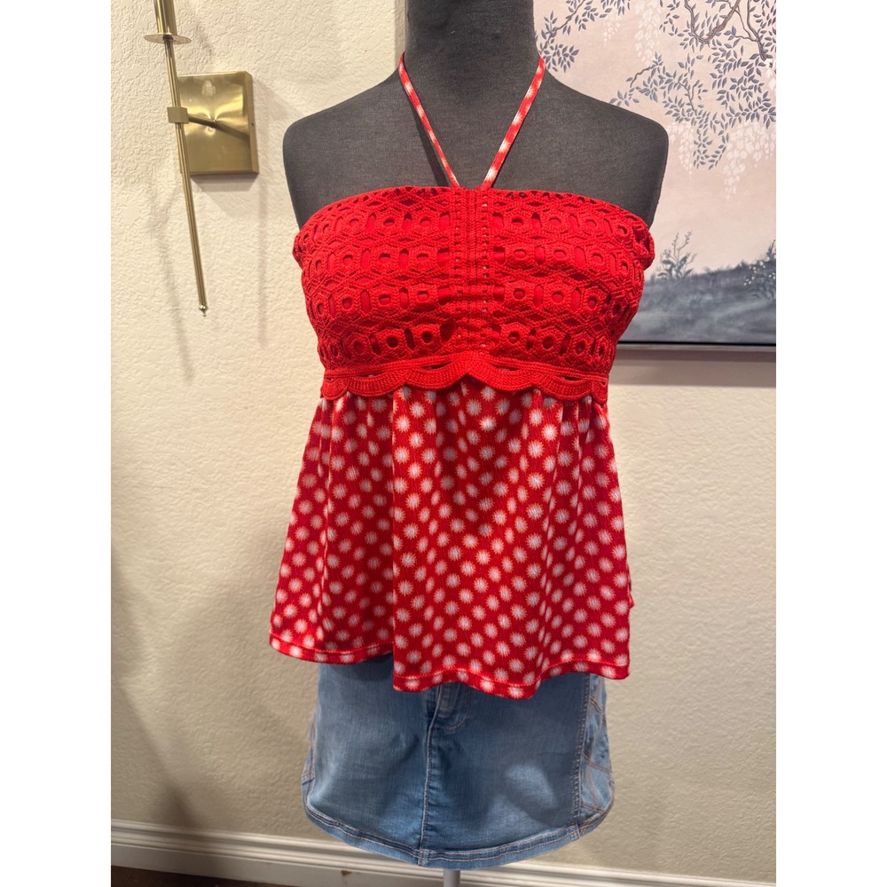 No Boundaries Red Crochet Lace Halter‎ Babydoll Top Sunburst Print Womens Large